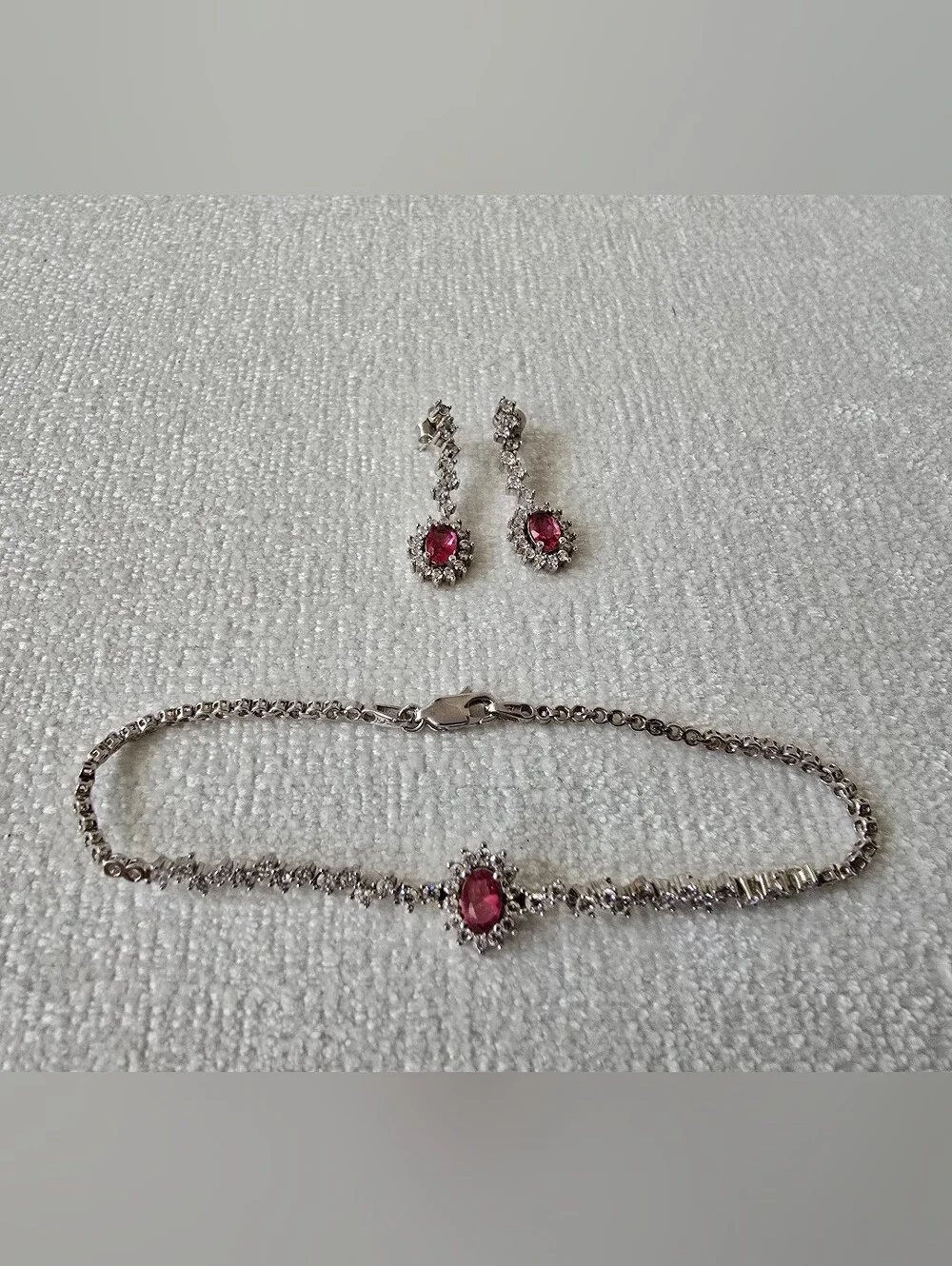 3 Pc Sterling Silver CZ Ruby Necklace, Bracelet and Drop Earring Set